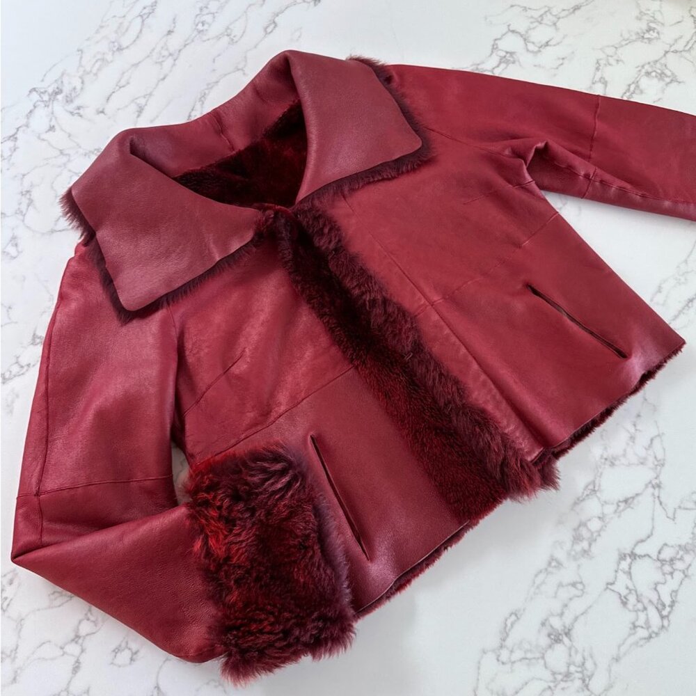 Vintage Via Veneto Genuine Shearling Leather Jacket - Burgundy - Size XL